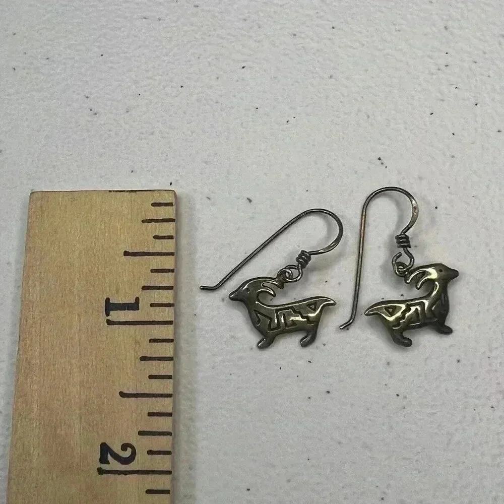 WOODS 925 Sterling Silver Signed Vintage Stamped Native Goat‎ Dangle Earrings